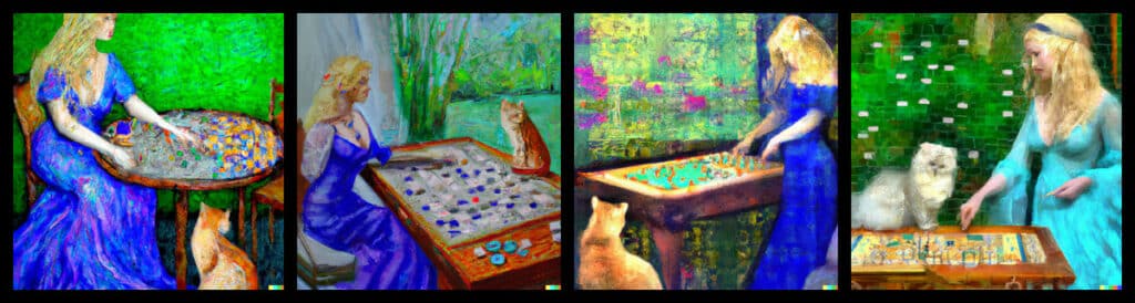 Gift ideas for cat lovers includes these artworks generated by AI in the style of Monet